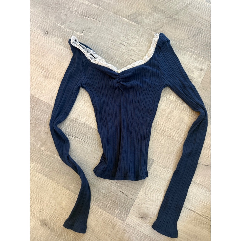 RSQ Navy Blue Ribbed Lace Trim Long Sleeve Top Small Y2K Coquette Ruched